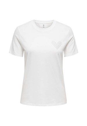 T-shirt blanc à manches courtes et col rond avec un petit motif de cœur en pointillés sur le côté gauche de la poitrine.
