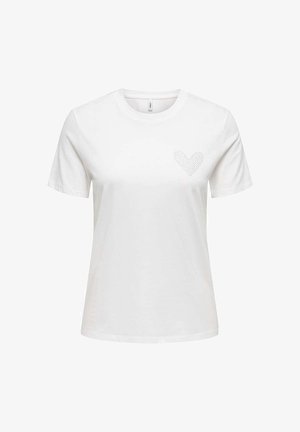 Maglietta bianca a maniche corte con collo tondo e piccolo disegno a cuore a pois sul lato sinistro del petto.