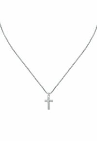Collana in argento con pendente a croce in metallo lucido, dotato di un dettaglio circolare al centro, design semplice e superficie liscia.