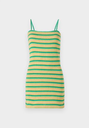 Striped dress with thin straps, featuring green, yellow, and pink horizontal stripes. Made of a soft, ribbed fabric with a fitted silhouette.