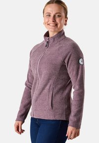 Fleece-takki hillityssä violetissa sävyssä, jossa on puoli-vetoketju, korkea kaulus, sivutaskut, tekstuurinen kangas ja pyöreä logo vasemmassa hihassa.