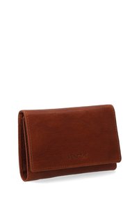 Bruine leren portemonnee met een gladde textuur, voorzien van een overslaand ontwerp en een geperst "VENEZIA" logo aan de voorkant.