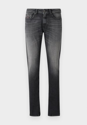 Dark gray denim jeans with a gradient fading to lighter gray. Features classic five-pocket design and front button closure. Smooth texture.
