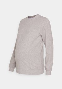 Sudadera de maternidad en gris claro con mangas largas, cuello redondo y cintura elástica. Textura suave, corte casual, adecuada para superponer.