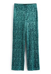 Turkusowe spodnie o szerokich nogawkach wykonane z miękkiego materiału, z teksturowanym wzorem w zwierzęce motywy na całej powierzchni oraz elastycznym pasem na górze.