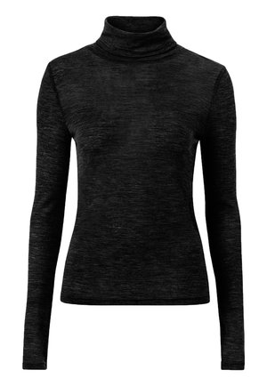 Schwarzer Rollkragenpullover aus einem strukturierten, weichen Stoff. Verfügt über lange Ärmel und ein tailliertes Design, das sich gut zum Schichten eignet.