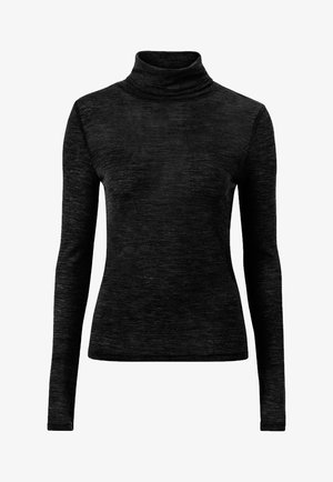 Schwarzer Rollkragenpullover aus einem strukturierten, weichen Stoff. Verfügt über lange Ärmel und ein tailliertes Design, das sich gut zum Schichten eignet.