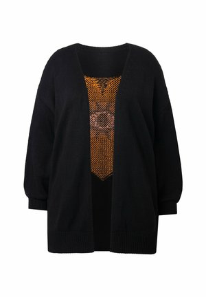 Cardigan nero con apertura frontale, tessuto lavorato a maglia testurizzato e maniche a tre quarti. Presenta un pannello a contrasto arancione e nero sotto.