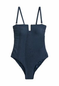 Navy sininen yksiosainen uimapuku, jossa on teksturoitu kangas, neliömäinen pääntie, ohuet säädettävät olkaimet ja korkealle leikattu lahkeensuu.