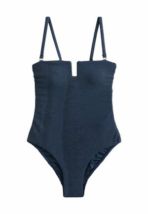 Navy sininen yksiosainen uimapuku, jossa on teksturoitu kangas, neliömäinen pääntie, ohuet säädettävät olkaimet ja korkealle leikattu lahkeensuu.