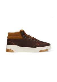 Bruine hoge sneakers met een zachte tan manchet, voorzien van een witte rubberen zool en oranje stiksels. Gemaakt van leer en suede.