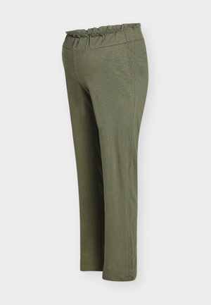 Olijfgroene broek met een gerimpelde elastische tailleband, rechte pijpen, zachte textuur en een minimalistische stijl, geschikt voor casual dragen.
