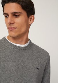 Maglione grigio a maglia con scollatura rotonda, caratterizzato da un piccolo logo di un cane nero sul lato sinistro del petto. La trama è morbida e a coste.