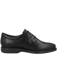 Scarpa da uomo in pelle nera con una finitura liscia, punta arrotondata e quattro occhielli per i lacci. Presenta una suola in gomma bassa e piatta.