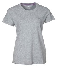 T-shirt grigia a maniche corte in tessuto morbido con scollo rotondo, caratterizzata da un piccolo logo sul petto a sinistra e una vestibilità comoda.