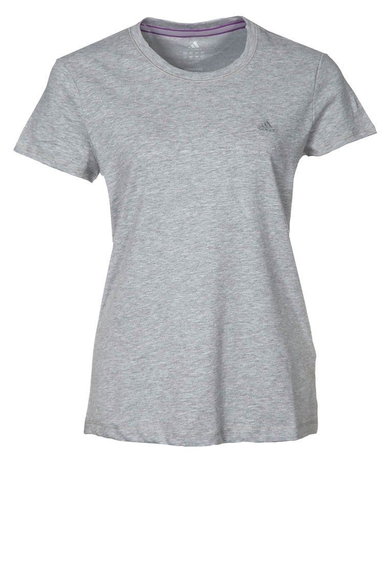 T-shirt grigia a maniche corte in tessuto morbido con scollo rotondo, caratterizzata da un piccolo logo sul petto a sinistra e una vestibilità comoda.