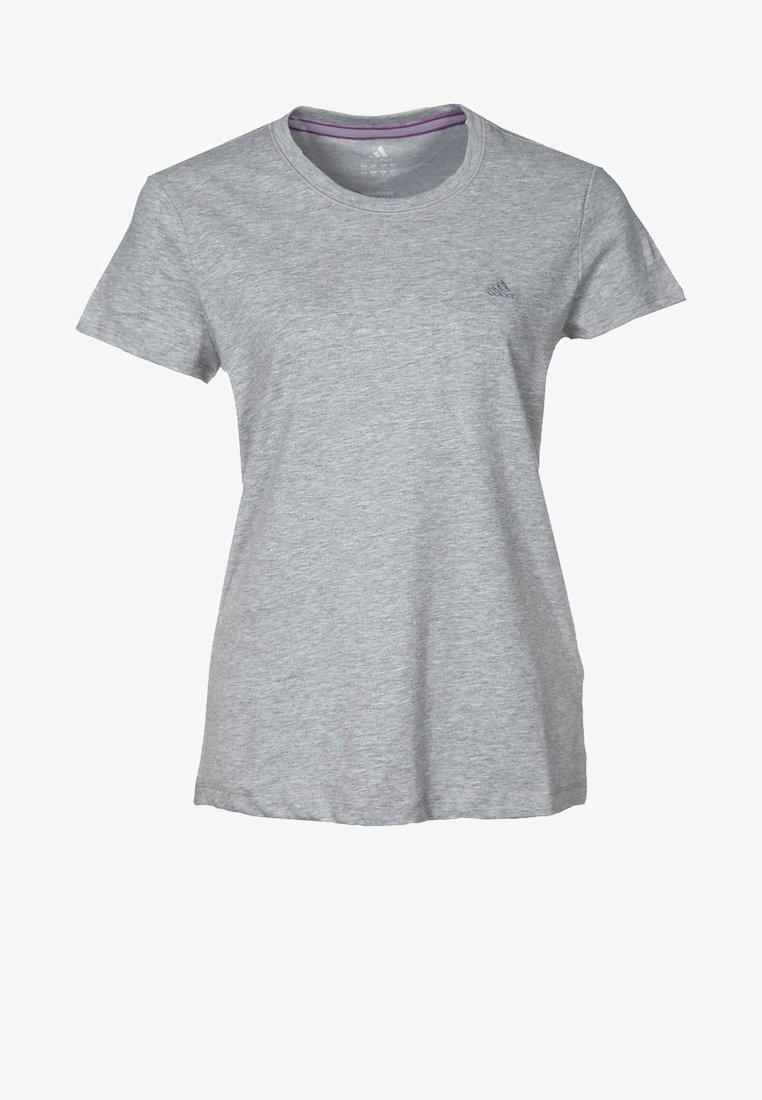 T-shirt grigia a maniche corte in tessuto morbido con scollo rotondo, caratterizzata da un piccolo logo sul petto a sinistra e una vestibilità comoda.