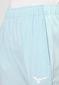 Lyseblå træningsshorts lavet af blødt, let stof. Har en elastisk talje og et hvidt logo på underbenet.