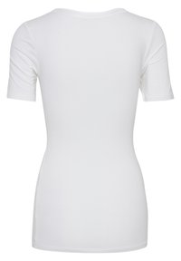 Biały dopasowany t-shirt z krótkim rękawem i okrągłym dekoltem, pokazany od tyłu.