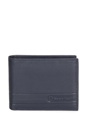 Navy leather wallet with a sleek, compact design; features a textured band, subtle stitching, and embossed logo on the front.