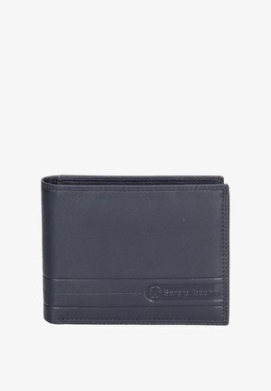 Portafoglio in pelle blu navy con un design elegante e compatto; presenta una banda testurizzata, cuciture sottili e un logo in rilievo sul fronte.