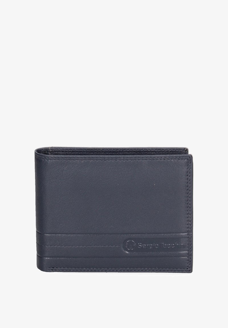 Marineblauwe leren portemonnee met een slank, compact ontwerp; voorzien van een gestructureerde band, subtiele stiksels en een reliëflogo aan de voorkant.