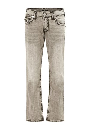 Hellgraue, ausgebleichte Jeans aus Denim mit vorderen und hinteren Taschen, Knopfverschluss und sichtbaren Steppnähten.