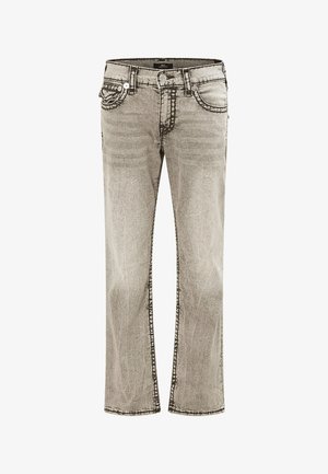 Jasnoszare, sprane jeansy z denimu z przednimi i tylnymi kieszeniami, zapięciem na guziki oraz widocznymi detalami szwów.