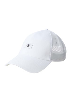 White baseball cap with mesh back panels and a small rectangular logo patch with "cK Calvin Klein" on the front.