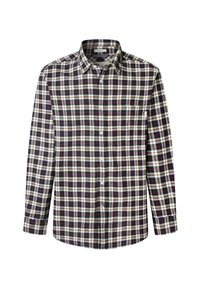 Camicia a maniche lunghe con bottoni, motivo a quadretti nero, bianco, rosso e beige, e una tasca sul petto.