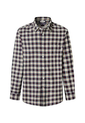 Long-sleeve button-up shirt with black, white, red, and beige checkered pattern and a single chest pocket.