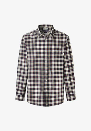 Cămașă cu mânecă lungă, cu nasturi, cu un model în carouri alb-negru, roșu și bej și un singur buzunar pe piept.