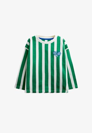 Langærmet skjorte med grønne og hvide lodrette striber og et lille blåt badmintonketcher-design på venstre bryst.