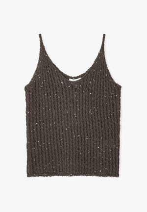 Bronzen gebreide tanktop met een ronde halslijn en dunne bandjes, met een textuurpatroon en kleine reflecterende details overal.