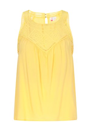 Kollane ilma varrukateta topp, millel on pitsist detailid rinnal, laienev keha ja avaga kinnitamine seljal. Sile kangastekstu.