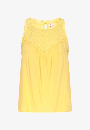 Kollane ilma varrukateta topp, millel on pitsist detailid rinnal, laienev keha ja avaga kinnitamine seljal. Sile kangastekstu.