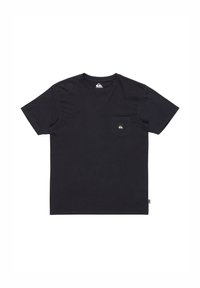 Black cotton t-shirt with a round neck, short sleeves, and a chest pocket featuring a small logo patch. Smooth texture, classic fit.