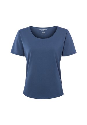 Niebieska, gładka koszulka bawełniana z krótkim rękawem i okrągłym dekoltem o regularnym kroju, prezentowana na białym tle.