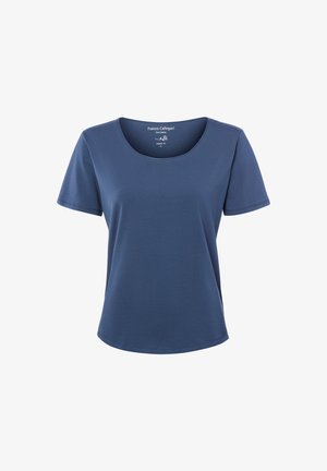 Short-sleeve, round-neck, blue solid cotton T-shirt with regular fit, displayed on a white background.
