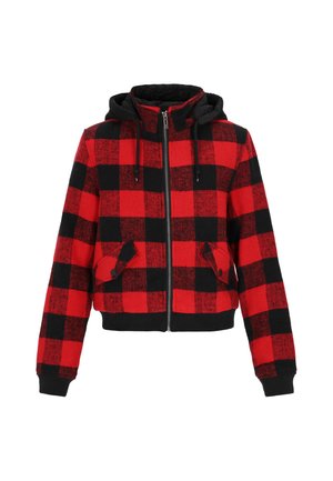 Rood en zwart geblokte hoodie, cropped ontwerp, ritssluiting, twee voorzakken, zwarte manchetten en zoom, textiel stof.