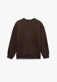 Sudadera de algodón marrón, cuello redondo, mangas largas, con puños y dobladillo acanalados. Textura suave, diseño simple, sin gráficos ni patrones visibles.