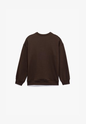 Bruine katoenen sweatshirt, ronde hals, lange mouwen, ribgebreide manchetten en zoom. Gladde textuur, eenvoudig ontwerp, geen zichtbare graphics of patronen.