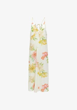 Robe maxi florale en tissu léger ; dotée de fleurs jaunes, roses et vertes sur fond blanc ; bretelles réglables et détail à nouer au dos.