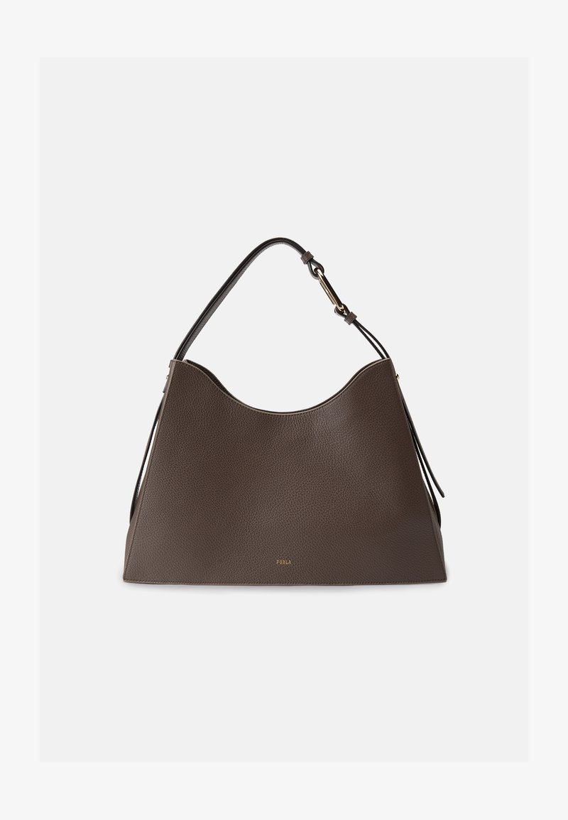 Brown textured leather shoulder bag with a curved shape, a single adjustable strap, and subtle gold branding on the front.