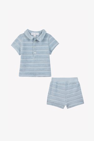 Light blue two-piece outfit made of soft striped fabric. Includes a collared short-sleeve shirt and matching shorts, both with button closure.