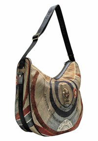 Borsa a spalla in tessuto con un motivo circolare nelle tonalità terrose, dotata di una tracolla in pelle nera e di dettagli in metallo dorato.