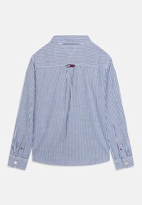 Koszula z długim rękawem w niebiesko-białe pionowe paski, z bawełnianej tkaniny, z guzikami na mankietach, plisą z tyłu i akcentami logo w pobliżu rękawa.