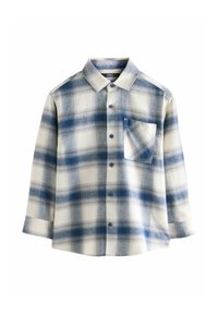 Blau-weiß kariertes Flanellhemd mit einer Tasche, Knopfleiste, langen Ärmeln und einer weichen Textur. Verfügt über ein klassisches Kragendesign.