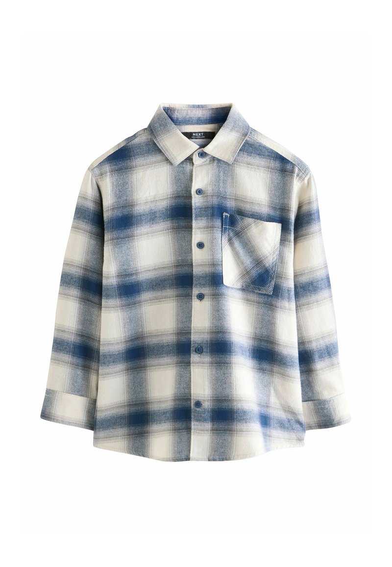 Blau-weiß kariertes Flanellhemd mit einer Tasche, Knopfleiste, langen Ärmeln und einer weichen Textur. Verfügt über ein klassisches Kragendesign.