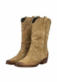 Bottes de cowboy en daim beige avec un bout pointu, des coutures décoratives et un petit talon empilé ; équipées de languettes pour un enfilage facile.